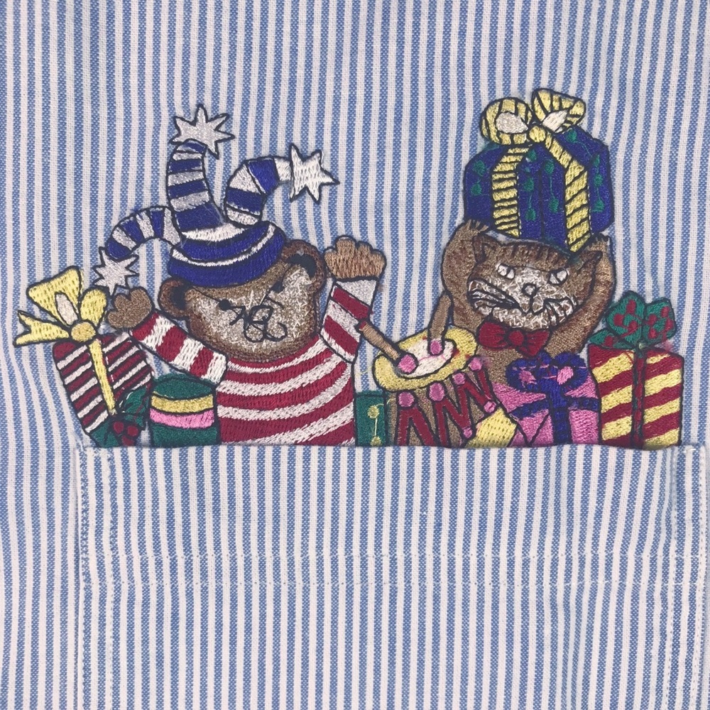 Vintage Embroidered Cotton Christmas Shirt Cat Teddy Bear SZ L Striped Whimsical